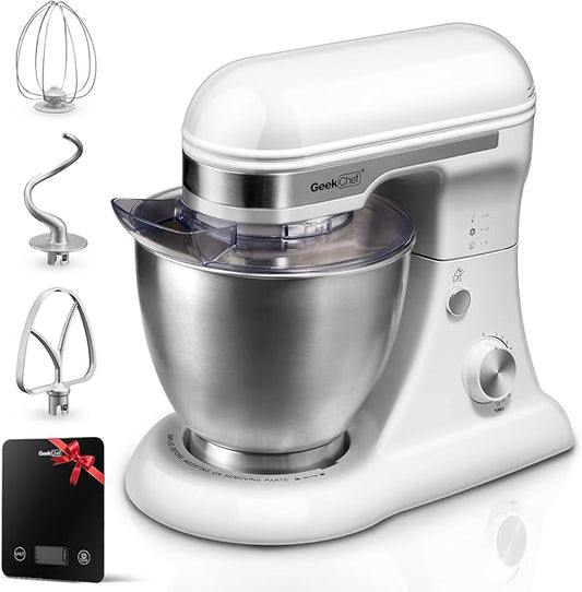 Geek Chef 3-IN-1 Stand Mixer, 4.8QT, 12 Speeds Tilt-head Food Mixer with Dough Hook, Whisk, Beater and Digital Scale with App, White