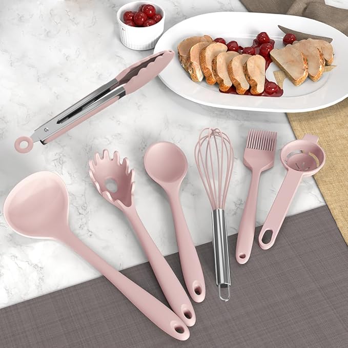 AOTHOD Silicone Cooking Utensils Set - 446째F Heat Resistant Kitchen Utensils, Spatula,Turner Tongs,Spoon,Whisk,Kitchen Utensil Gadgets Tools Set for Nonstick Cookware,Dishwasher Safe BPA Free(Pink)
