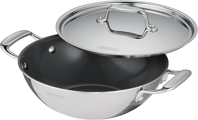 Tramontina Utsava Tri-Ply Clad Stainless Steel 2.75-Quart Kadai with Lid and Ceramic Non Stick Interior, Induction-Ready Kadhai Pot for Indian Cooking