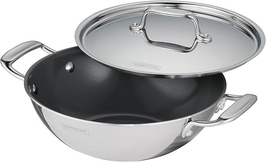 Tramontina Utsava Tri-Ply Clad Stainless Steel 2.75-Quart Kadai with Lid and Ceramic Non Stick Interior, Induction-Ready Kadhai Pot for Indian Cooking