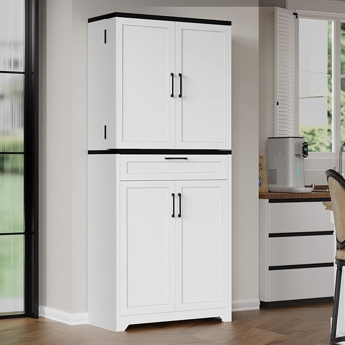 LMTC 71?쇺?H Pantry Cabinet, Kitchen Storage Cabinet with 4 Adjustable Shelves, Tall Storage Cabinet with 6 Door Shelves and a Drawer, Metal Pantry Cabinet for Kitchen, Dining Room, Living Room