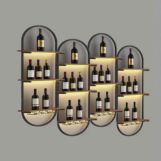 Wall Wine Rack, DIY Wood Bottles Storage Wine Rack for Wall, 3-Tiers Liquor Floating Shelves, for Kitchen, Dining Room, Bar, Wine Cellar (Black, 4PCS)