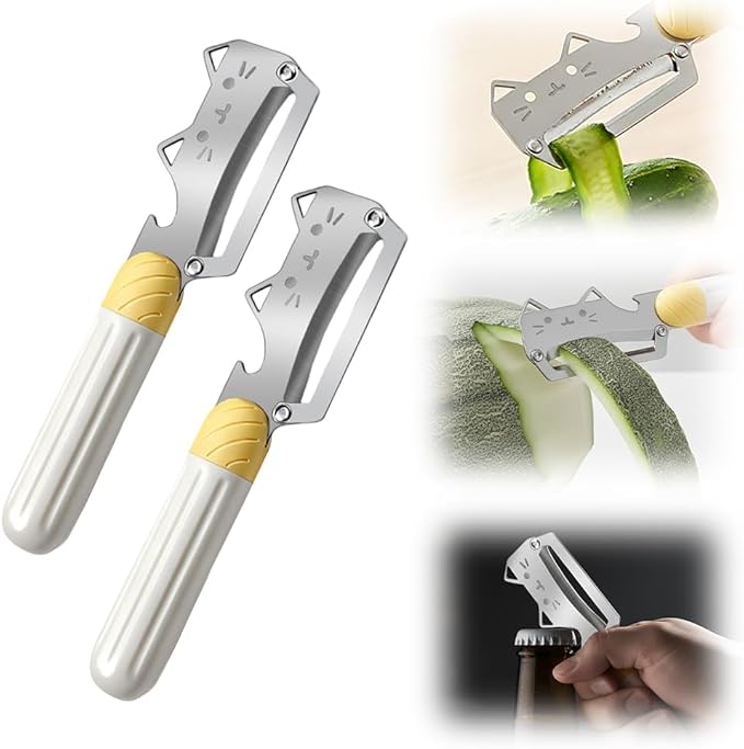 Thickened wooden handle fruit peeler, Stainless Steel Sharp Blades Carrot Potato Peeler with Wooden Handle and Bottle Opener Kitchen Tool for Fruit Veggie Pumpkin Papaya Zucchini (2 Pcs)