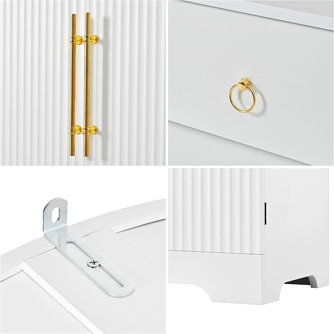 72" Tall Arched Kitchen Pantry, Modern Fluted Wood Storage Cabinet with 3 Adjustable Shelves and Hidden Drawer, Versatile Cupboard for Dining Room, Living Room, Bathroom, White