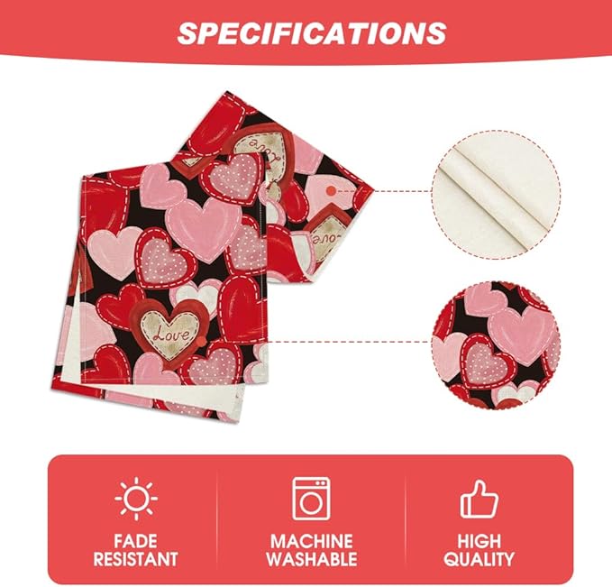 Artoid Mode Black Pink Love Heart Valentine's Table Runner, Seasonal Anniversary Kitchen Dining Table Decoration for Home Party Decor 13x60 Inch