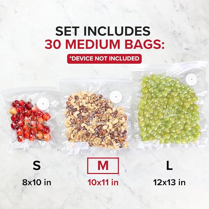 Chef Preserve Reusable Vacuum Sealer Bags for Food ??30 BPA-Free Medium (10 x 11 in) Food Storage Bags, Freezer, Microwave ??Odor-Resistant, Leak-Proof ??Compatible with Chef Preserve Vacuum Sealers