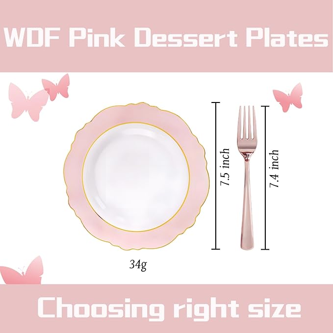 WDF 60pcs Pink Dessert Plates - 7.5inch Baroque Pink &White Disposable Dessert/Appetizer Small Cute Cake Plates for Upscale Parties &Wedding-Special for Bridal Shower, Brithday, Valentine's Day
