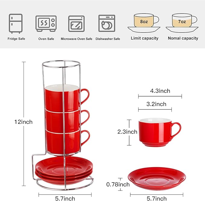8oz Porcelain Cappuccino Cups with Saucers and Metal Stand, Stackable Coffee Cups for Specialty Coffee Drinks, Cappuccino, Latte, Espresso, Americano and Tea - Cups Set of 4, Red