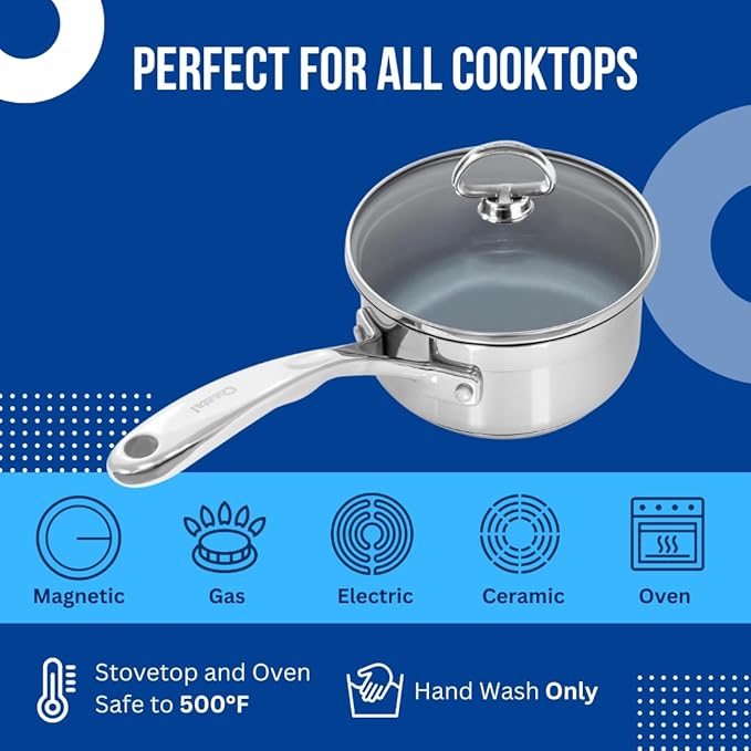 Chantal Induction 21 Steel 1 quart NonStick Saucepan with Tempered Glass Lid, Ceramic Non Stick, Brushed Stainless Steel