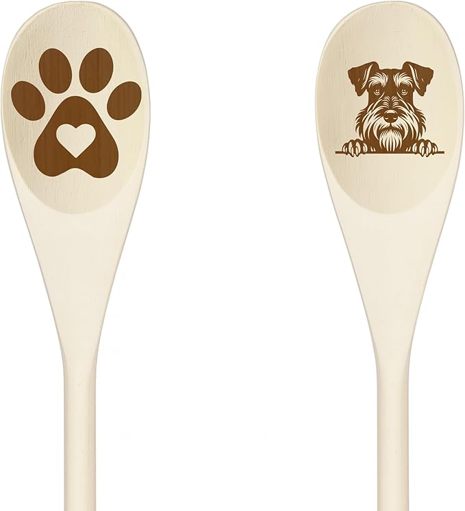 SCHNAUZER Wooden Spoons for Cooking, Serving or Decorative Kitchen Utensils Set Dog Lover Dog Mom/Dad Gift with Peeking Dog Designs, Paw Print and Dog Head, Kitchen Utensils Set of 2