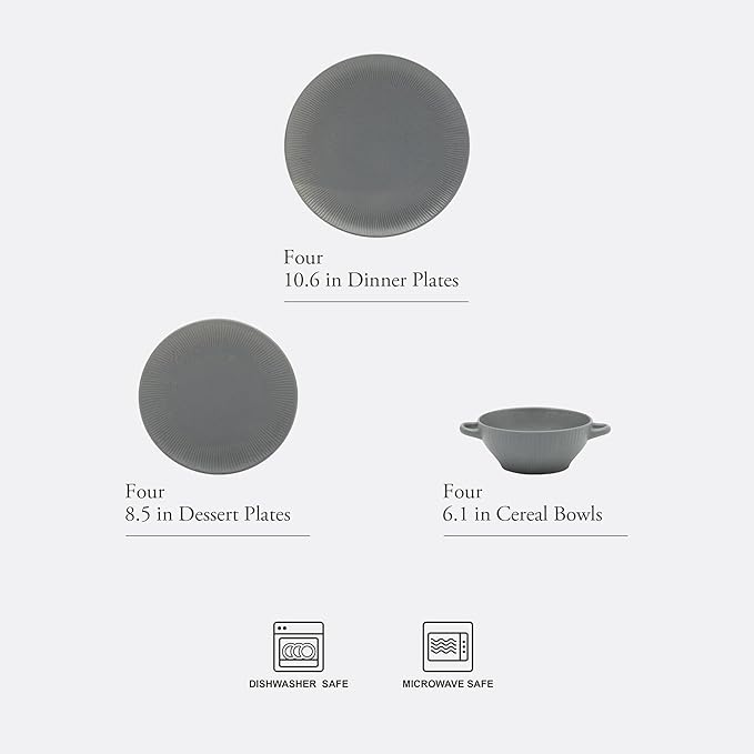Gibson Elite Clover Hill 12-Piece Stoneware Dinnerware Set ??Dark Blue Embossed Plates and Bowls with Matte Speckled Reactive Glaze, Service for 4 ??Microwave & Dishwasher Safe