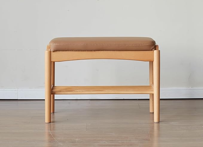 Vadisun Solid Wood Shoe Bench Assembled, Shoe Rack Bench with Silicone Leather Cushion for Entryway, Living Room, Bedroom, Hallway, 11.8" x 31.5" x 16.5", Natural & Brown