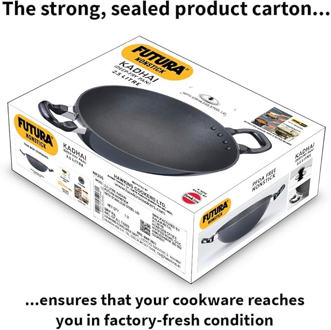 Hawkins Futura Nonstick Kadhai 2.5 L, 26 cm, 3.25 mm with SS lid (Black)