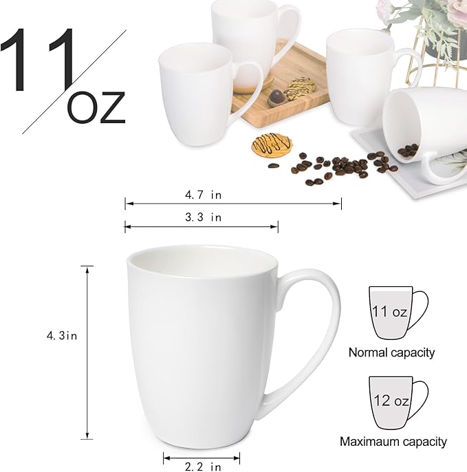 Plain White Fine Bone China Blank Coffee Mugs Set of 2, 11 Oz Tea Cups with Large Handle, Lightweight Ceramic Coffee Mugs, Aesthetic Coffee Cups