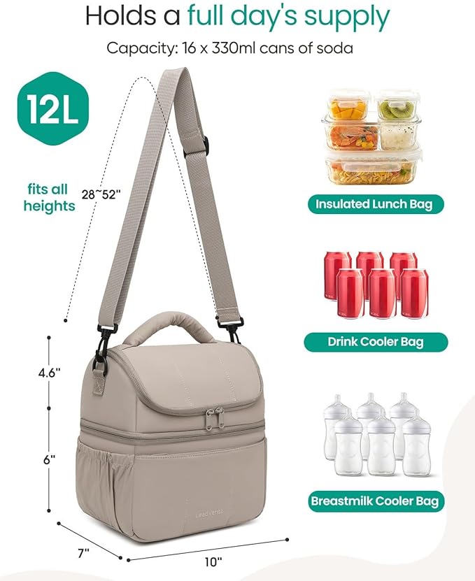 Leadvenst Lunch Bag Women Men, Double Deck Insulated Lunch Box, Large Capacity 12L with Detachable Divider for Tall Item, Leakproof, Durable & Reusable Cooler Bag For Work Picnic Travel, Quilted Khaki