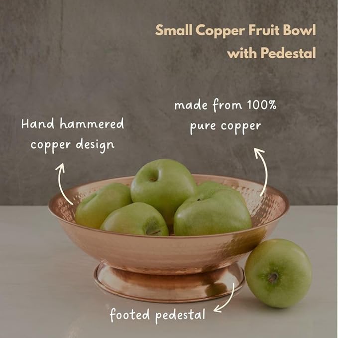 Copper Fruit Bowl for Kitchen Counter, Decorative Bowl, Table Centerpiece, Kitchen Storage, Home Decor, Copper Accessories, Pedestal Bowl (Small 12")
