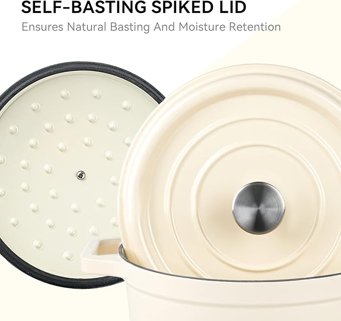Miereirl 6.5 Quart Enameled Dutch Oven Pot with Lid, Cast Iron Dutch Oven with Dual Handles for Bread Baking, Cooking, Non-stick Enamel Coated Cookware (Beige)