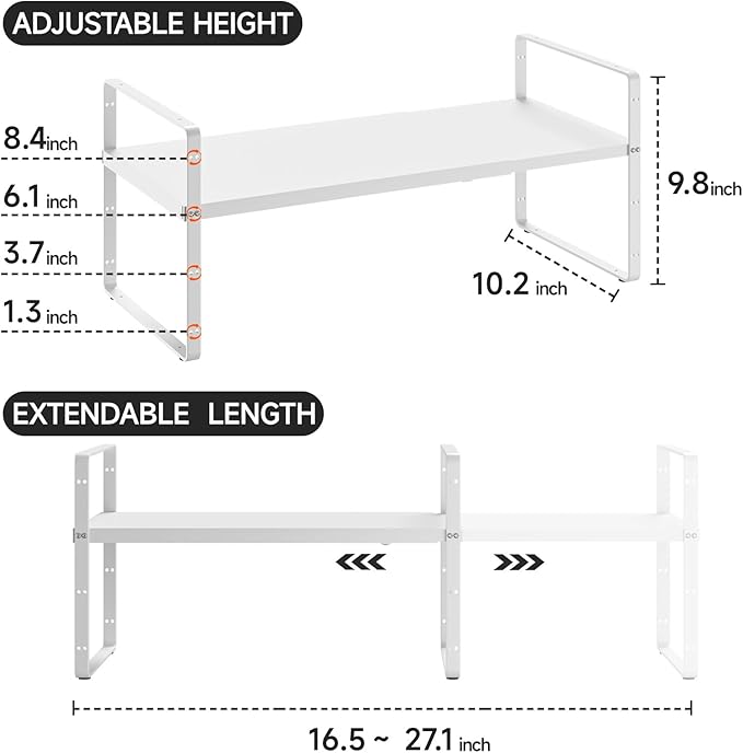 16.5-27?쇺셂 Expandable Kitchen Shelf Organizer, Stackable Shelves Organizer, Adjustable Height Pantry Spice Rack for Cabinet, Countertop, Pantry and Cupboard, White
