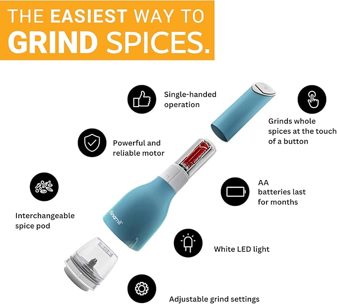 FinaMill Classic Battery Spice Mill ??Battery Operated Salt and Pepper Grinder Set, Includes 2 Interchangeable Spice Pods, Adjustable Coarseness, Ceramic Grinder, LED Light, Kitchen Gifts for Women