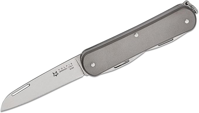 Fox Knives Vulpis FX-VP130-F4 Slipjoint Folding Knife 4-in-1 Multitool 2.17in Blade, Bottle Opener, Can Opener, Flat Head Screwdriver, Scissors - Compact Versatile Minimalist Pocket Knife (Titanium)