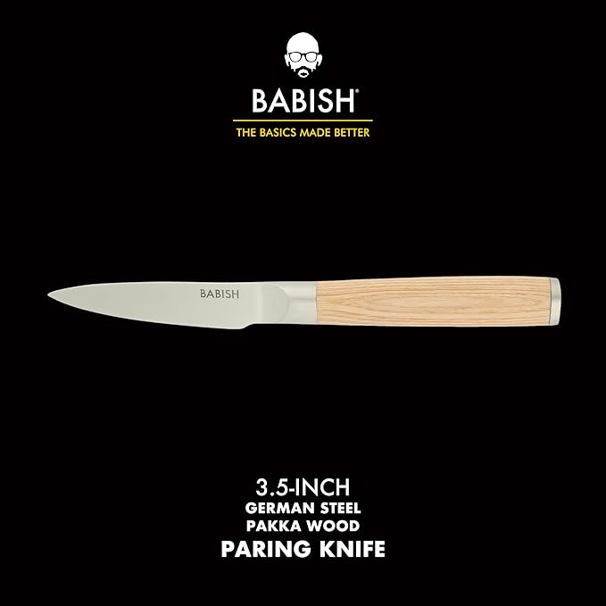 Babish 1.4116 German Stainless Steel Paring Knife with Light Pakka Wood Handle ??3.5-Inch Precision Kitchen Knife for Peeling, Trimming & Prep Work, Full-Tang Blade