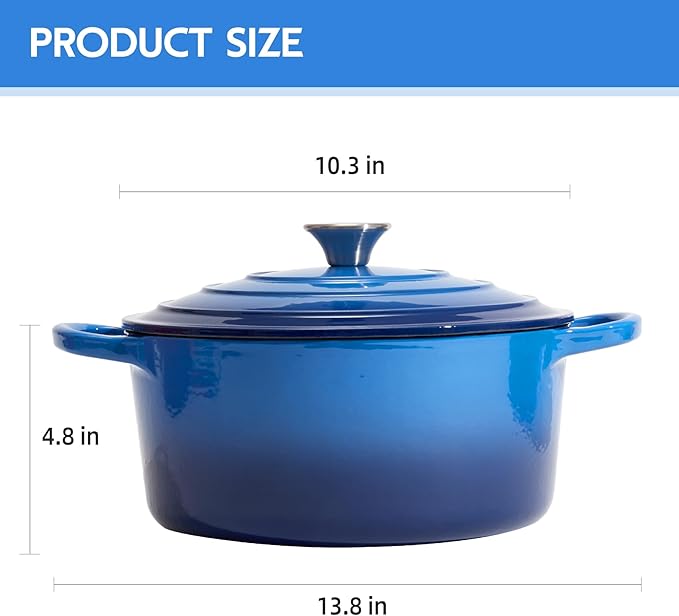 6 Quart Dutch Oven Enameled Cast Iron with Lid - Big Dual Handles - Oven Safe up to 500째F - Classic Round Pot for Versatile Cooking (Blue, 6 QT)
