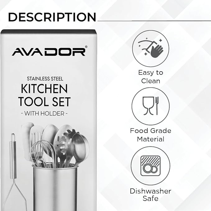 Avador짰 Premium Set of 10 Stainless Steel Kitchen Tool Set with Holder Easy To Clean, Space Saving, Great for Cooking, Baking, Prepping