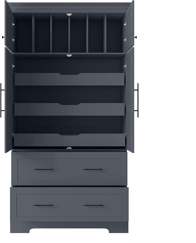 Merax 72.6" Farmhouse Kitchen Pantry Cabinet with Pull-Out Trays & Drawers, Freestanding Pantry with Cake Pan Storage, 4-Door Shaker Style Storage Cabinet, 40" L x 18" W, Grey