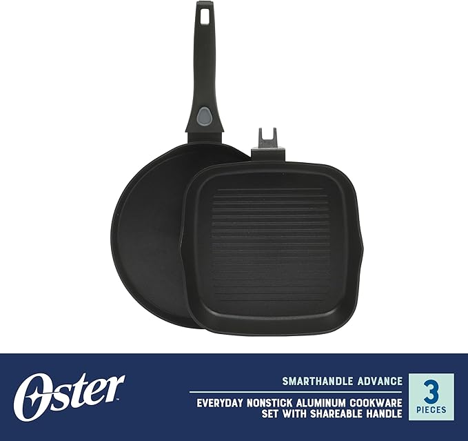 Oster SmartHandle 2-Piece Fry Pan & Pancake Pan Set ??Nonstick Cookware with Removable Handle, Oven & Dishwasher Safe, Space-Saving Design