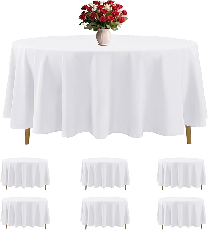 6 Pack White Round Tablecloths 108 Inches Table Cloth Stain and Wrinkle Resistant Washable Polyester Table Cover Fabric for Party, Wedding,Dining,and Banquet Decoration