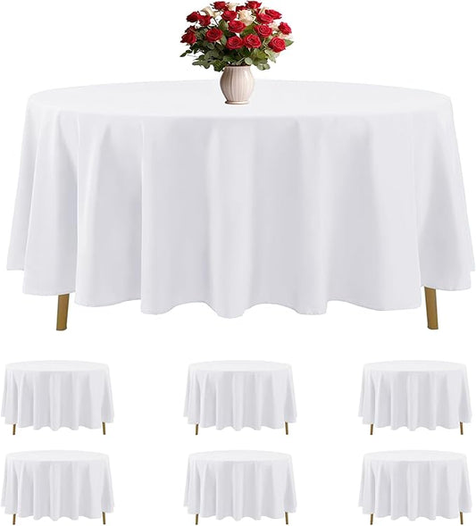 6 Pack White Round Tablecloths 108 Inches Table Cloth Stain and Wrinkle Resistant Washable Polyester Table Cover Fabric for Party, Wedding,Dining,and Banquet Decoration