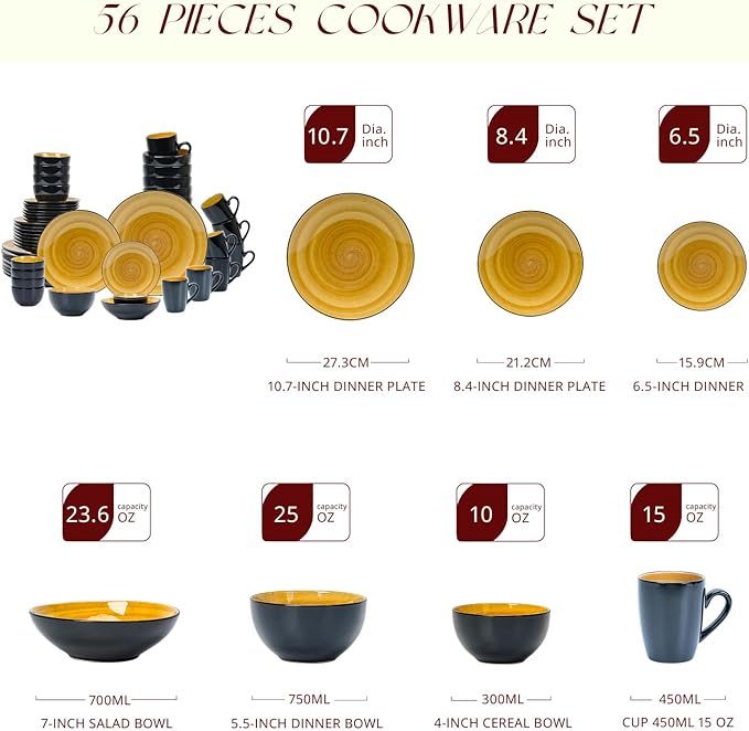 Stoneware Sonoma Dinnerware Set, Black + Speckled Spin Wash (56pc Set, Yellow)
