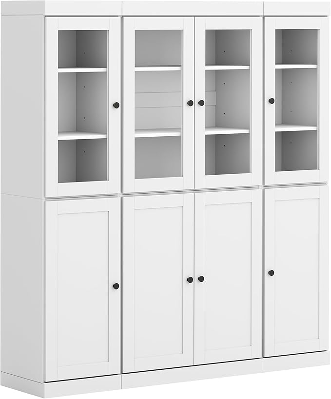 Palace Imports 100% Solid Wood Kitchen China Pantry Cabinet, 65" W - 4 Clear Glass & 4 Shaker Doors, Renewable Eco-Friendly Wood, Made in Brazil (White, 8 China/Shaker Doors | 2 Drawers)