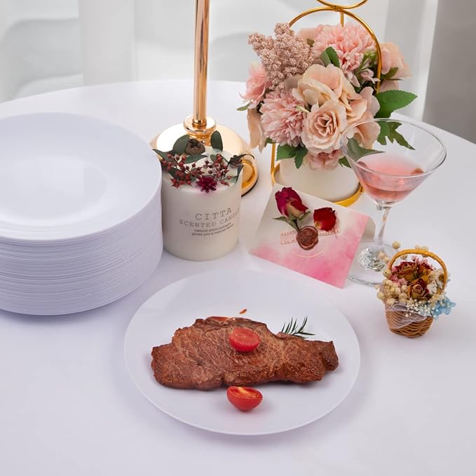 Hioasis 100pcs White Plastic Plates for Party - 7.5" Dinner Plates Disposable, Heavy -duty, Classy and Elegant for Wedding and New Year