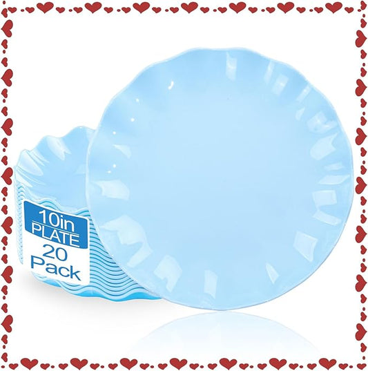 LIYH 20 Pcs 10 Inch Light Blue Plastic Plates Reusable - Unbreakable Scalloped Dinner Plates for Baby Shower Party Outdoor Picnics Dishwasher Safe BPA Free