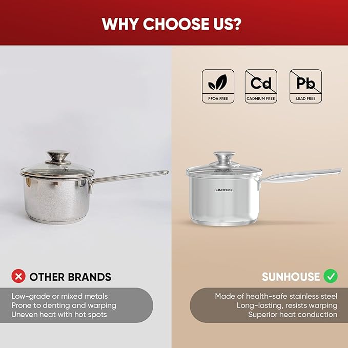 Sunhouse ??1.5 Quart Stainless Steel Sauce Pan with Lid - PFOA-FREE, Stainless Steel Sauce Pan, Induction base, Stay-Cool Handle, Compatible with All Cooktops Gas, Geramic, Electric etc.