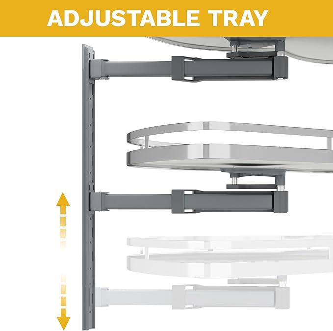 DWVO Corner Cabinet Organizer, 2-Tier Blind Corner Pull Out with 270째 Rotating Shelf, Left Swing Tray, Heavy-Duty Iron, Easy-Install Template, 32.7"x17.3"x21.3", Gray