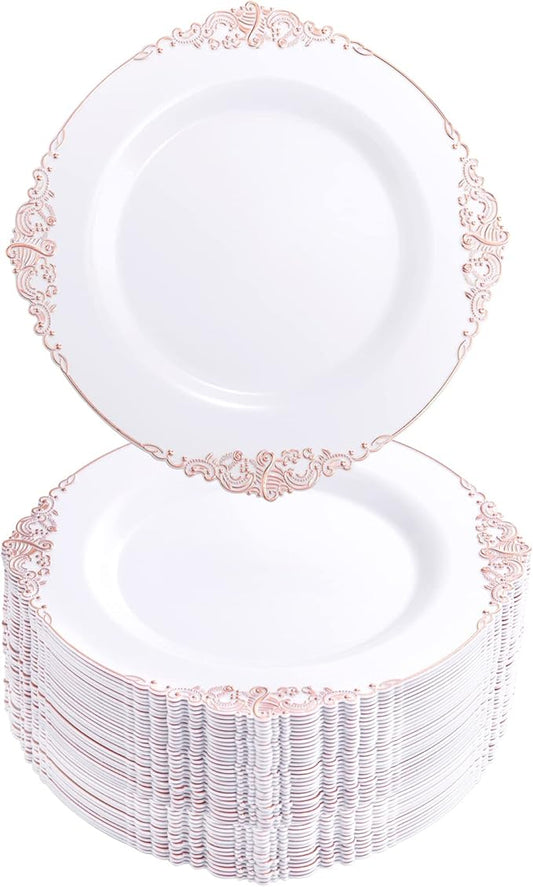 Morejoy 100pcs Plastic Plates - Disposable - 7.5 inch White and Rose Gold Dessert Plates for Weddings & Parties & Shower