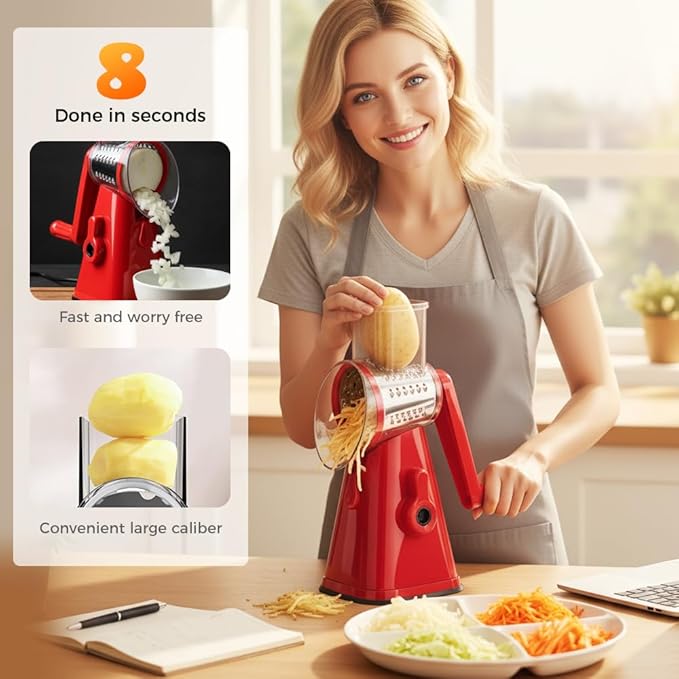 5 In 1 Food Chopper, 2026 New Rotary Cheese Grater - 3 Interchangeable Blades Manual Speed Round Food Slicer, Nut Grinder with Strong Suction Base (Red)