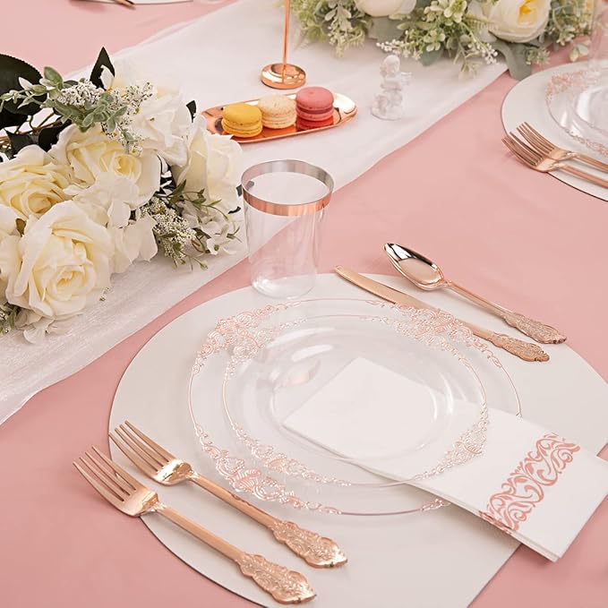 Hioasis 175pcs Clear Rose Gold Plastic Plates - Elegant Disposable Dinnerware Set Suitable for 25 Guests Include 10.25" Dinner & 7.5" Dessert Plates, Cutlery, Napkins, Cups for Party