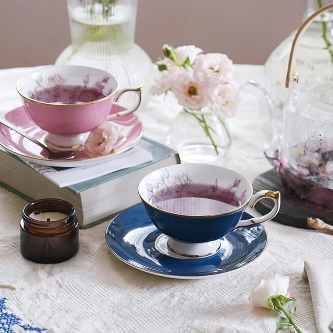 Aynsley Elizabeth Rose Fine Bone China Teacup and Saucer Set - 6.76oz Hand-Painted Gold-Trimmed Floral Vintage Set, Fancy Gift for Christmas/Wedding/New Year(Blue)