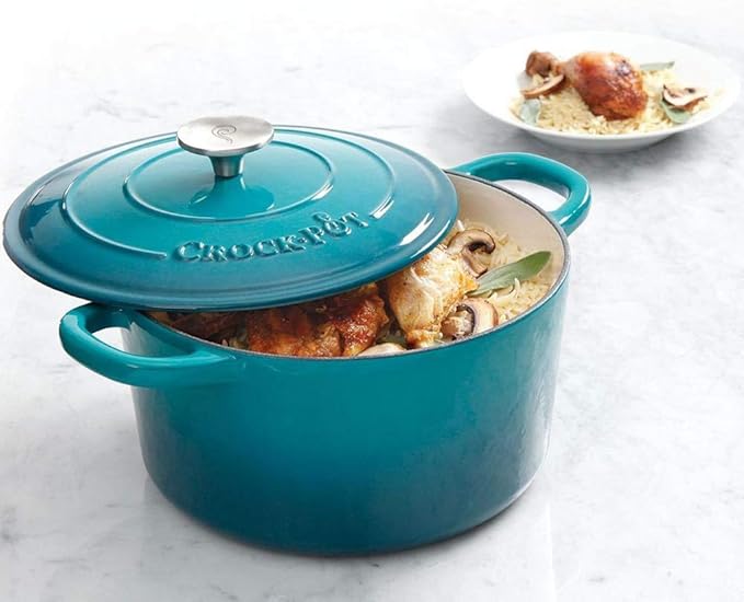 Crock-Pot Artisan 5-Quart Round Enameled Cast Iron Dutch Oven ??Teal Ombre, Durable Heavy-Duty Cookware for Slow Cooking, Roasting, Baking with Lid