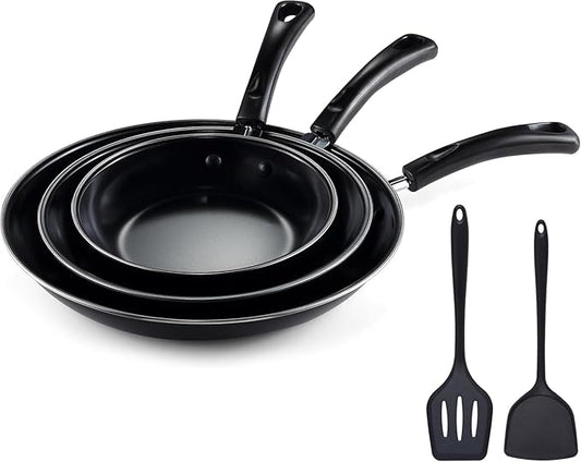 Nonstick Frying Pan Set - Iron Frying Pan 3-Piece Set (8", 10", 12") + 2 Silicone Spatulas, With Premium Nonstick Coating, Up to 450째F, Skillet Suitable for Induction, Gas & More