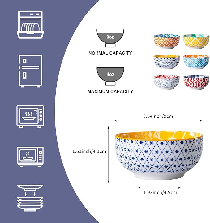 Cerkik Ceramic Dipping Bowls Set - Mini 4 Oz Dessert Bowls - Small 3.5 Inch Porcelain Bowls for Side Dishes, Snack, Yogurt, Appetizer - Microwave Dishwasher Safe - Set of 6 - Assorted Colors
