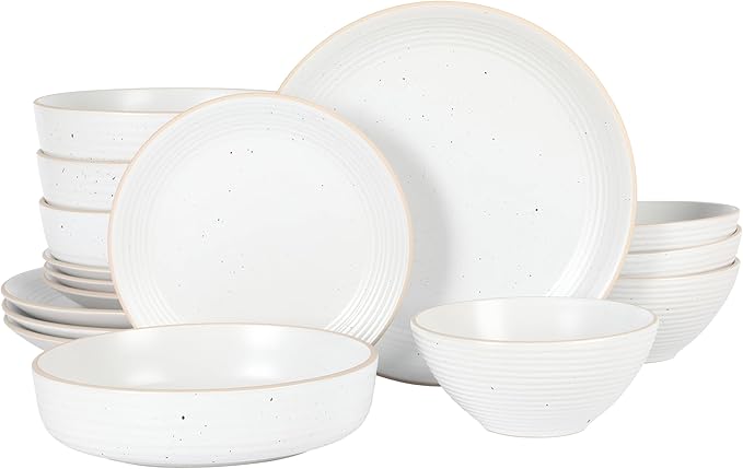 Gibson Home Dinah 16-Piece Matte White Stoneware Dinnerware Set ??Double Bowl, Embossed Speckled Design, Durable Kitchen Dinnerware