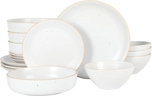 Gibson Home Dinah 16-Piece Matte White Stoneware Dinnerware Set ??Double Bowl, Embossed Speckled Design, Durable Kitchen Dinnerware
