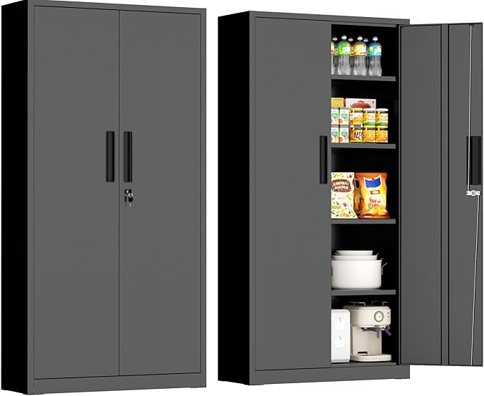 INTERGRAET 63" Tall Pantry Cabinet,Kitchen Pantry Storage Cabinets with 2 Doors and 4 Shelves,Black Metal Storage Cabinet,Cupboard for Home,Kitchen,Living Room/Dining