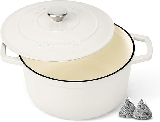 Enameled Cast Iron Dutch Oven ??4.4 Quart Pot with Lid & Potholders ??Heavy-Duty Cookware for Bread Baking, Braising, Stews & Roasting ??Oven & Stovetop Safe up to 500째F ??Off White