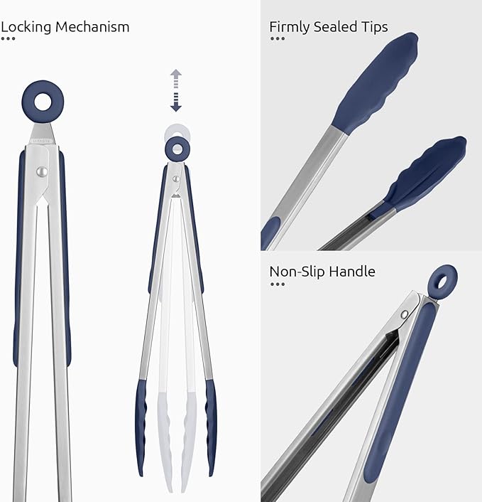 600쨘F Heat Resistant Kitchen Tongs: U-Taste 12 inch Large Silicone Cooking Tong with Non Stick Rubber Tips & Silicon Coated 18/8 Stainless Steel Handle & Smooth Lock for Serving Grill (Midnight Blue)