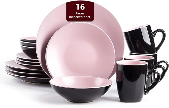 Stoneware Two-Tone Colors Life 16pc Dinner Set竊똎utside Shiny Black + Inside Matte Glaze Rose